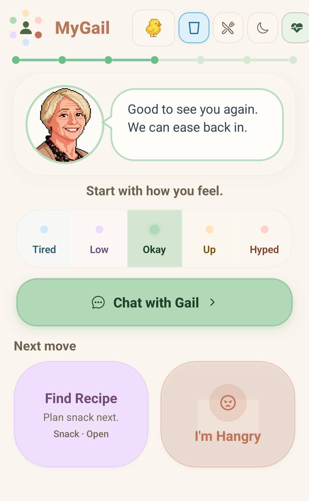 MyGail Home screen — real screenshot of the app